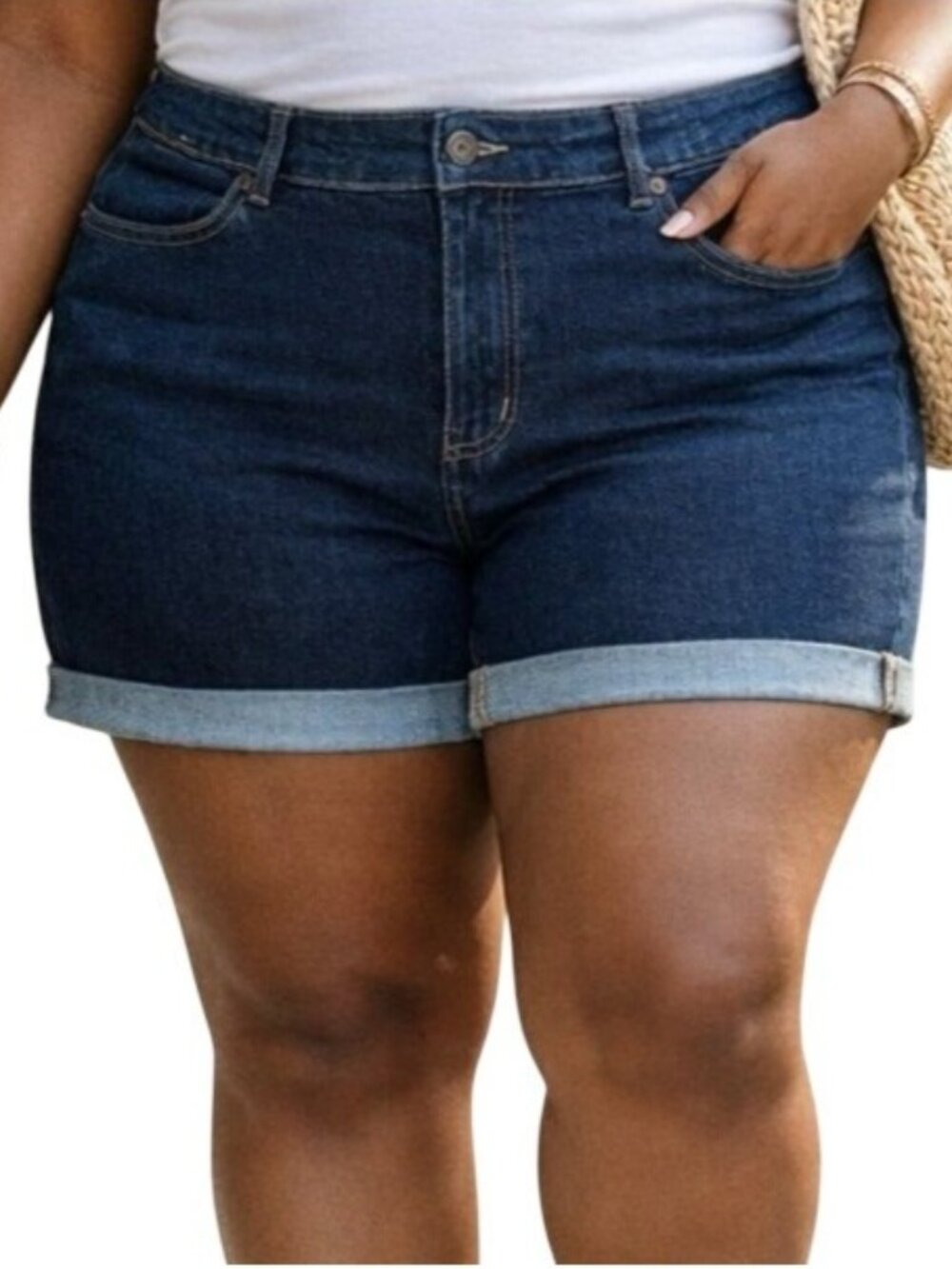 Bloomchic Plus Size 26 Shorts Denim Dark Wash Mid Rise Rolled Hem
